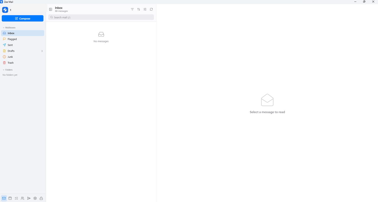 Zee Mail mailbox with folders, message list, and reading pane